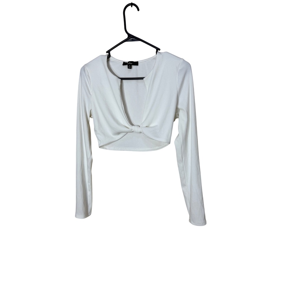 Lulus White Ribbed Twist Front Long Sleeve Crop Top Womens Medium V-Neck